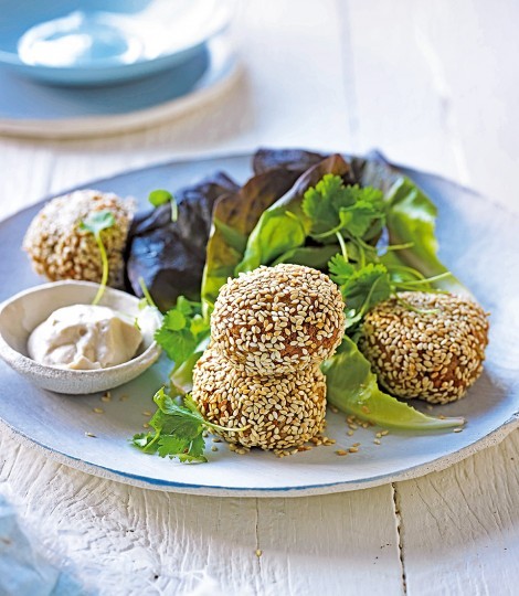 Sunflower seed falafel balls with tahini sauce