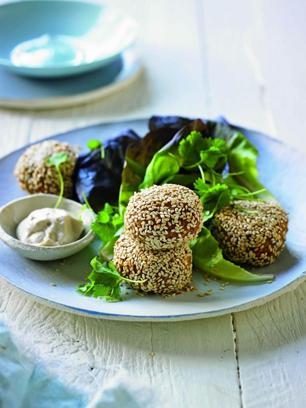Sunflower seed falafel balls with tahini dipping sauce