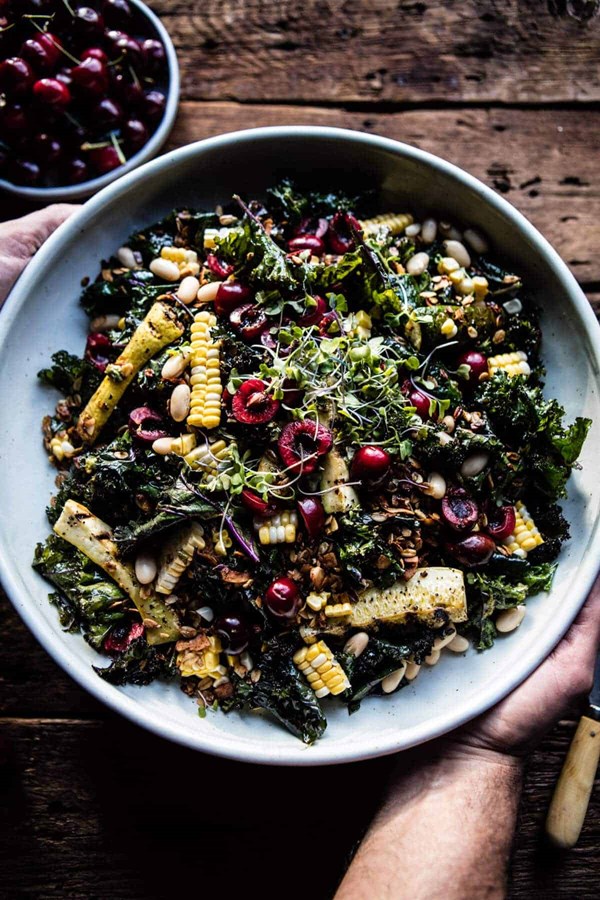 Sunflower seed, kale and cherry salad with savory granola