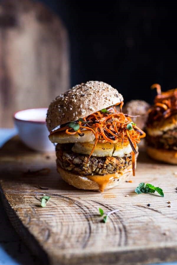 Sunflower seed veggie burgers with fried halloumi + curried tahini sauce
