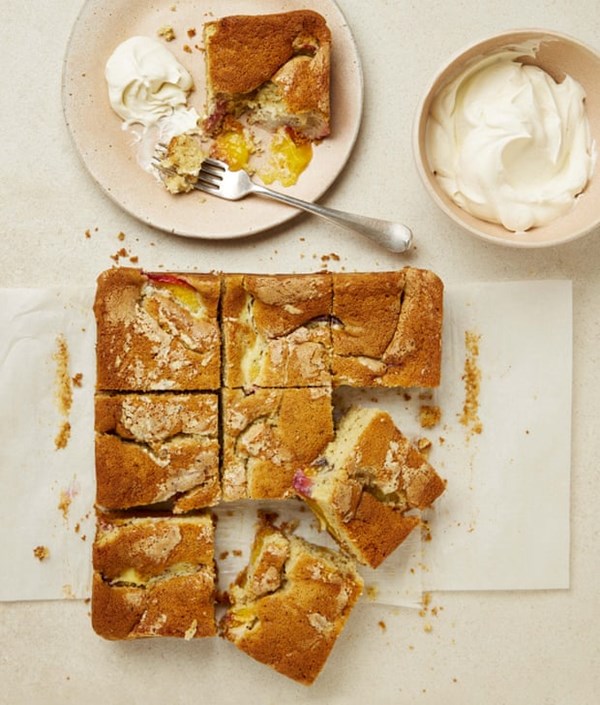 Sunken peaches and cream cake with cardamom