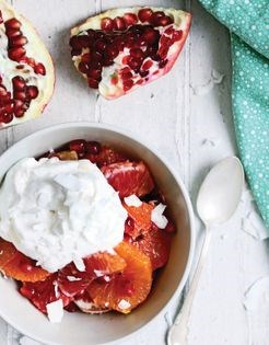 Sunny citrus bowls with orange pomegranate salsa and lemon cream