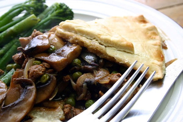 Super-fast home-made ale, mushroom and pea pie