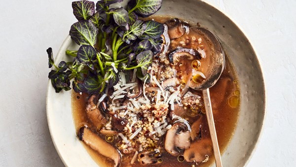 Super-grain soup with watercress and mushrooms