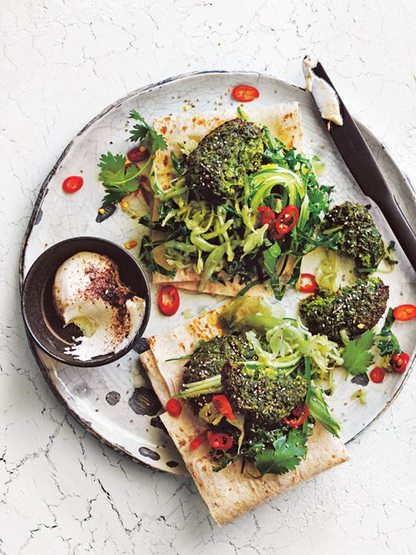 Super green chia falafels with sauerkraut slaw