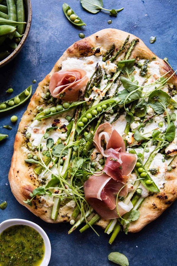 Super green pea and asparagus burrata pizza