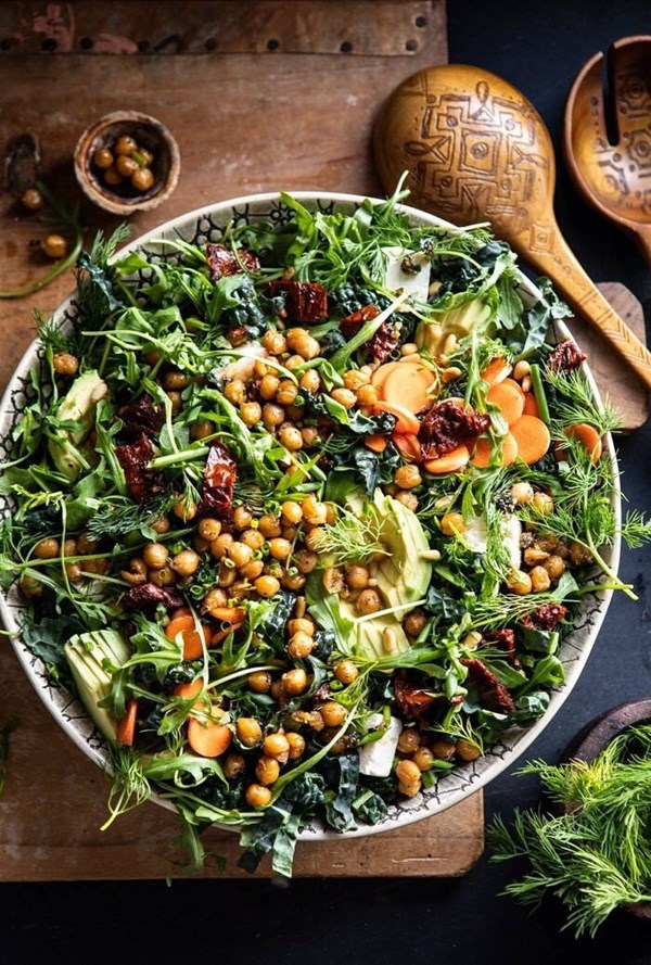 Super green sun-dried tomato herb salad with crispy chickpeas