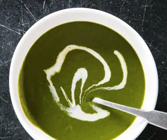 Super greens soup with lemon-tarragon cream