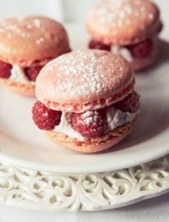 Super macarons with raspberries and pink mascarpone