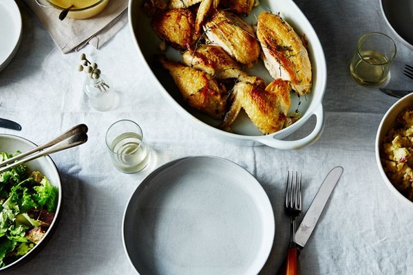 Super-quick roast chicken with garlic and white wine gravy