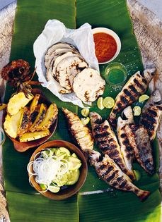 Super-rustic fish tacos with grilled pineapples, avocado, and salsa roja