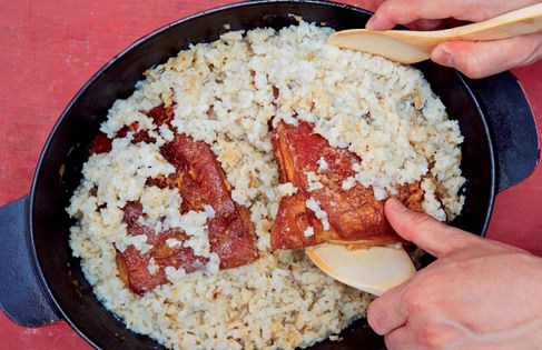 Super-slow-braised pork belly  cooked in brown rice & caramelised in soy sauce, sake & sugar 