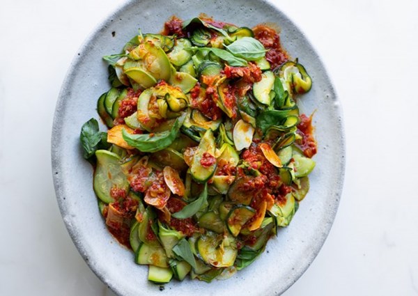 Super-soft courgettes with harissa and lemon