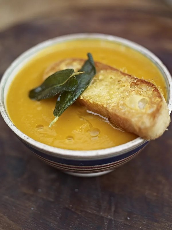 Superb squash soup with the best Parmesan croutons 