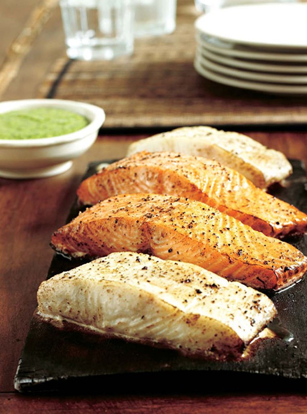 Surf and surf: cedar plank-grilled salmon and halibut with parsley and dill pesto