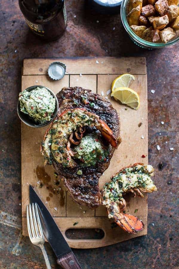 Surf and turf: steak and lobster with spicy roasted garlic chimichurri butter