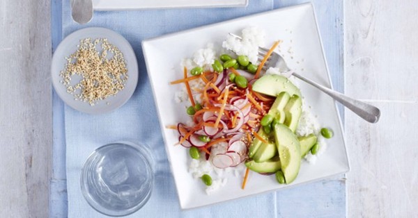 Sushi rice salad with edamame and pickled veg