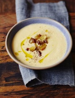 Swede & squash soup with caramelized chestnuts