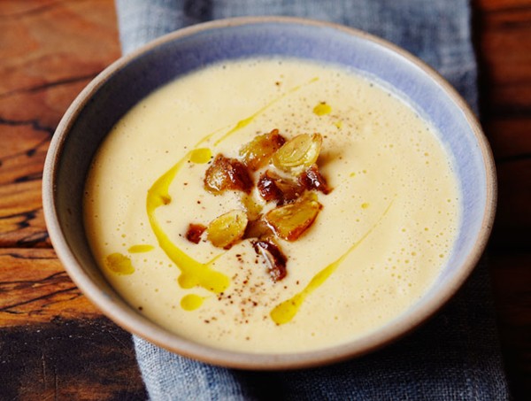 Swede and butternut squash soup with caramelised chestnuts