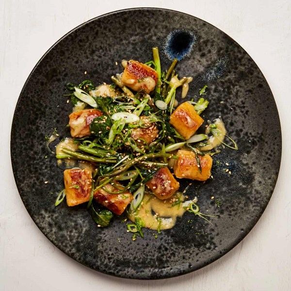 Swede gnocchi with miso butter and morning glory