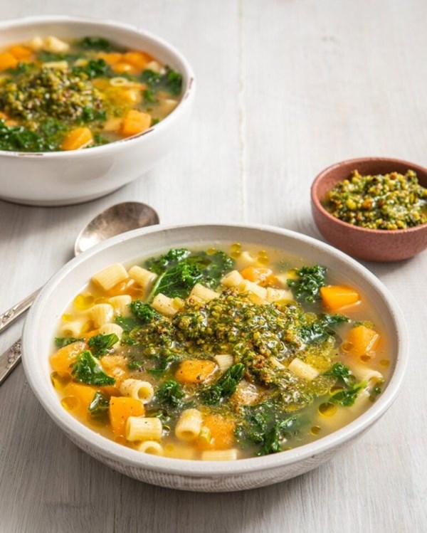 Swede, kale and ditaloni broth with pistachio pistou