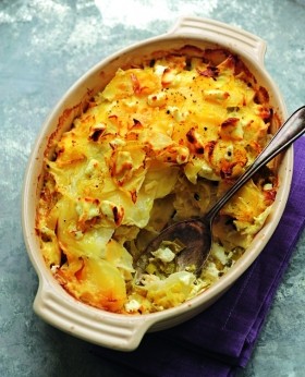 Swede, salsify, leek and goat's cheese gratin