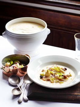 Swede soup with pickled hazelnuts and turnips
