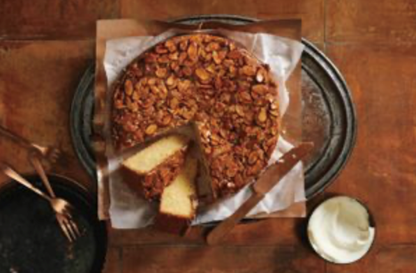 Swedish caramel almond cake (Toscakaka) with macadamia cream
