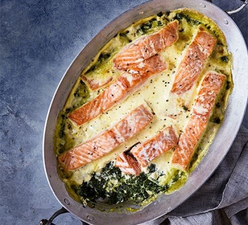 Swedish smoked salmon & spinach gratin