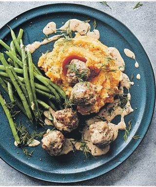 Swedish-style turkey meatballs with root mash