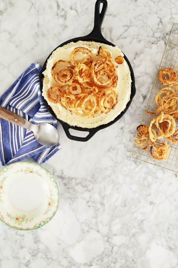 Sweet and savory mashed potatoes with fried onions