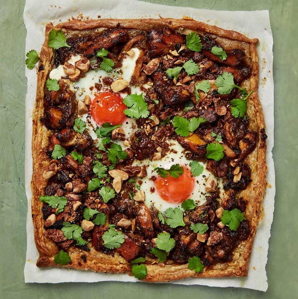 Sweet and savoury chicken pie topped with eggs