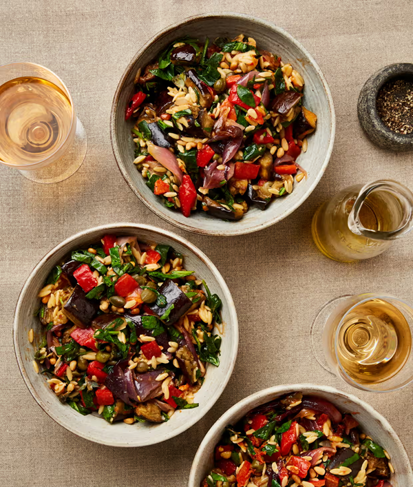Sweet-and-sour aubergine orzo