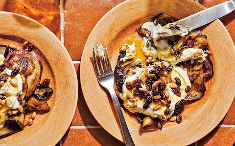 Sweet and sour aubergine with yogurt and chilli raisins