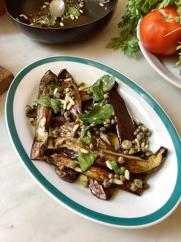Sweet-and-sour aubergines with capers, pine nuts and mint