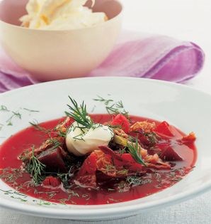 Sweet and sour cabbage, beetroot and tomato borscht