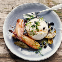 Sweet and sour echalions with burrata and thyme