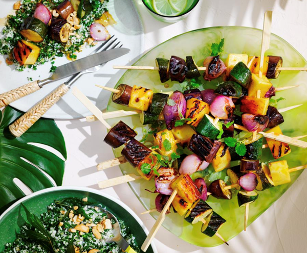 Sweet and sour eggplant skewers with coconut and kale sambal