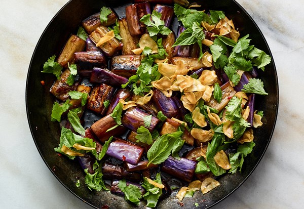 Sweet-and-sour eggplant with garlic chips [Sue Li]