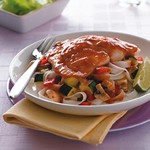 Sweet-and-sour halibut with vegetable noodle stir-fry