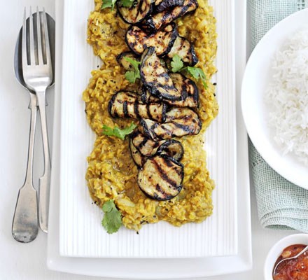 Sweet and sour lentil dhal with grilled aubergine