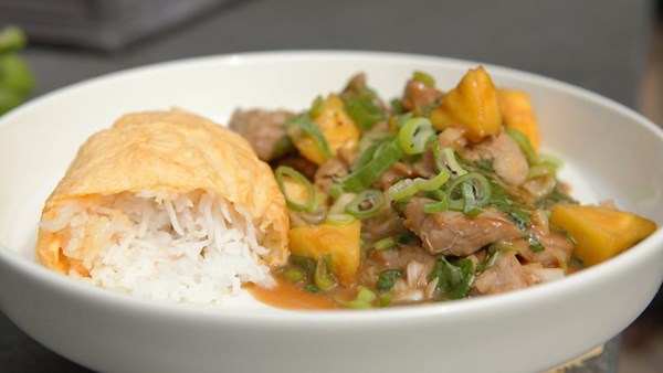Sweet-and-sour pork and pineapple with egg-fried rice