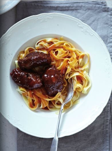 Sweet and sour pork cheeks with noodles