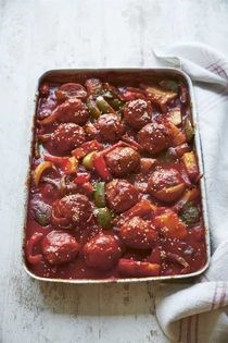 Sweet and sour pork meatball traybake