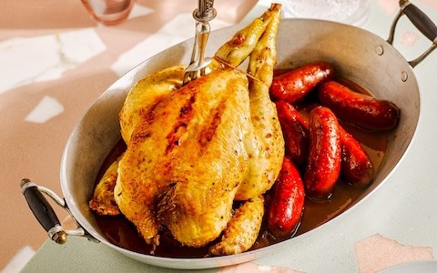 Sweet and sour pot-roast chicken with chorizo