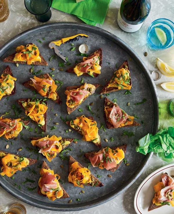 Sweet and sour pumpkin, toum & prosciutto bruschetta