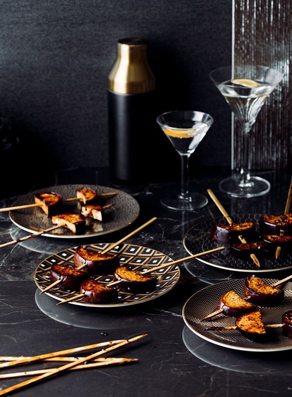 Sweet and sour roasted eggplant skewers