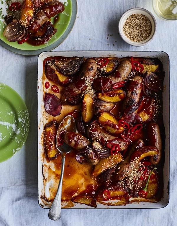 Sweet-and-sour sausages with peaches