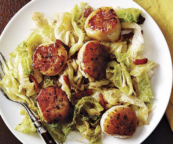 Sweet-and-sour seared scallops with cabbage and bacon