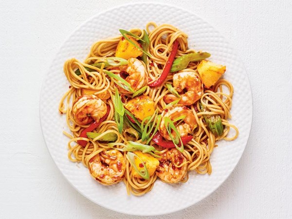 Sweet and sour shrimp-and-noodle stir-fry